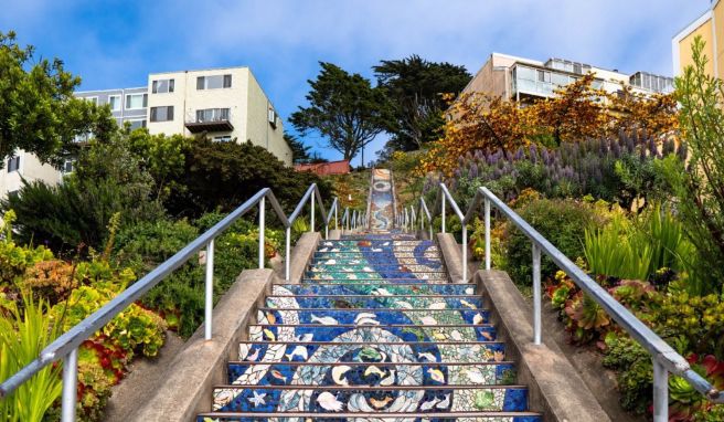Das bunte Mosaik einer Unterwasserwelt versüßt den langen Aufstieg der Treppe von der 16th Avenue zum Grand View Park. Das bunte Mosaik einer Unterwasserwelt versüßt den langen Aufstieg der Treppe von der 16th Avenue zum Grand View Park.